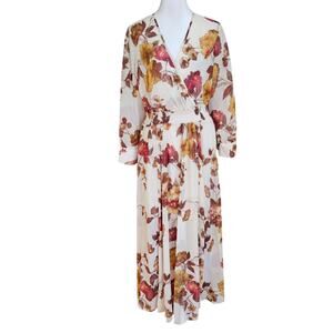Alexa B Nites Maxi Dress Women's Size 8 Cream Brown Floral Gold Sparkle Sheer